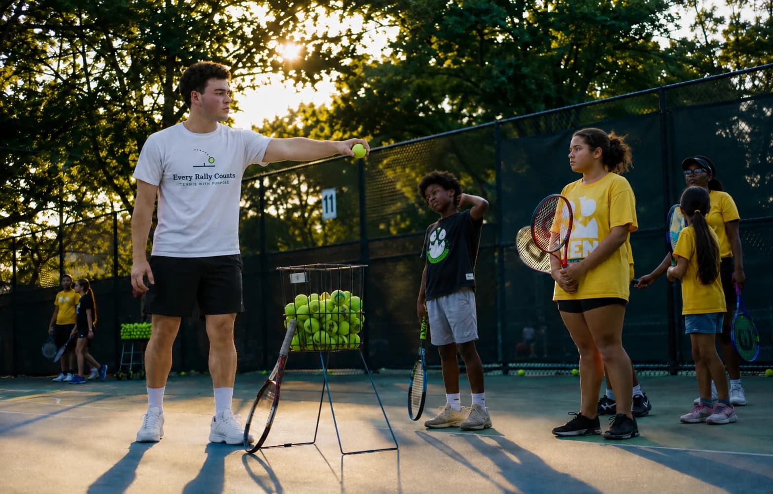 Jonah tossing a ball to a group of kids gathered on a public tennis court at golden hour.